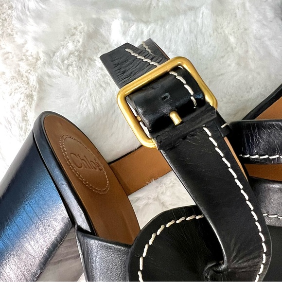 Chloe Candice Topstitch Block Heel Sandals Black Size EU 40 - Picture 9 of 16